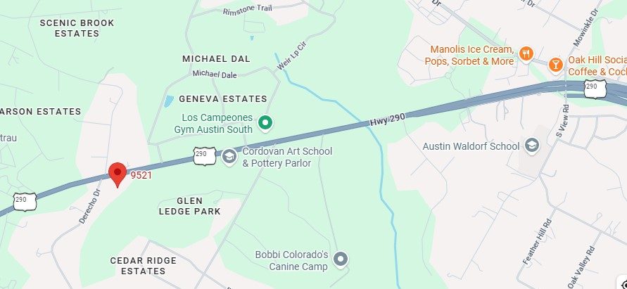 Map showing Southwest Center at 9521 Hwy 290 West between the Oak Hill Y and Belterra Village